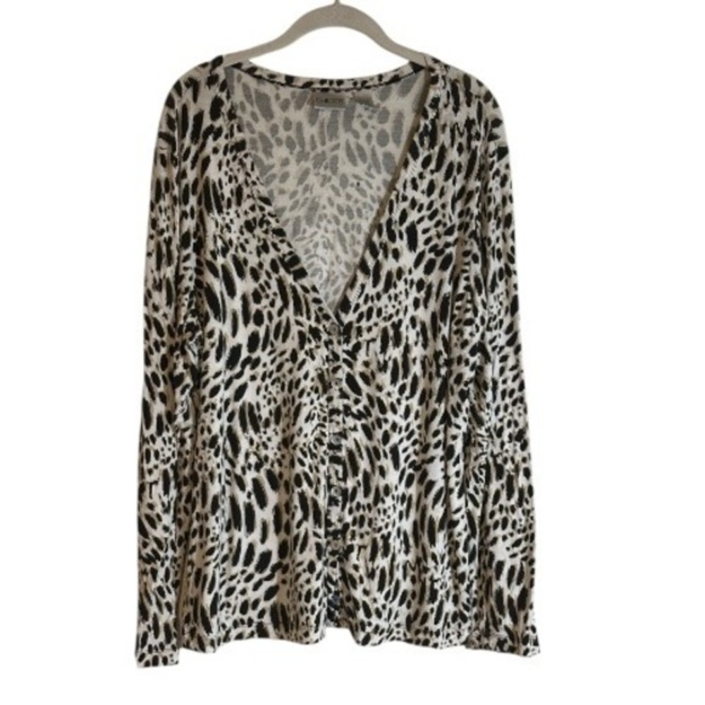 Chico's Cardigan Womens 3 White Black Animal Print Button V-Neck Lightweight‎